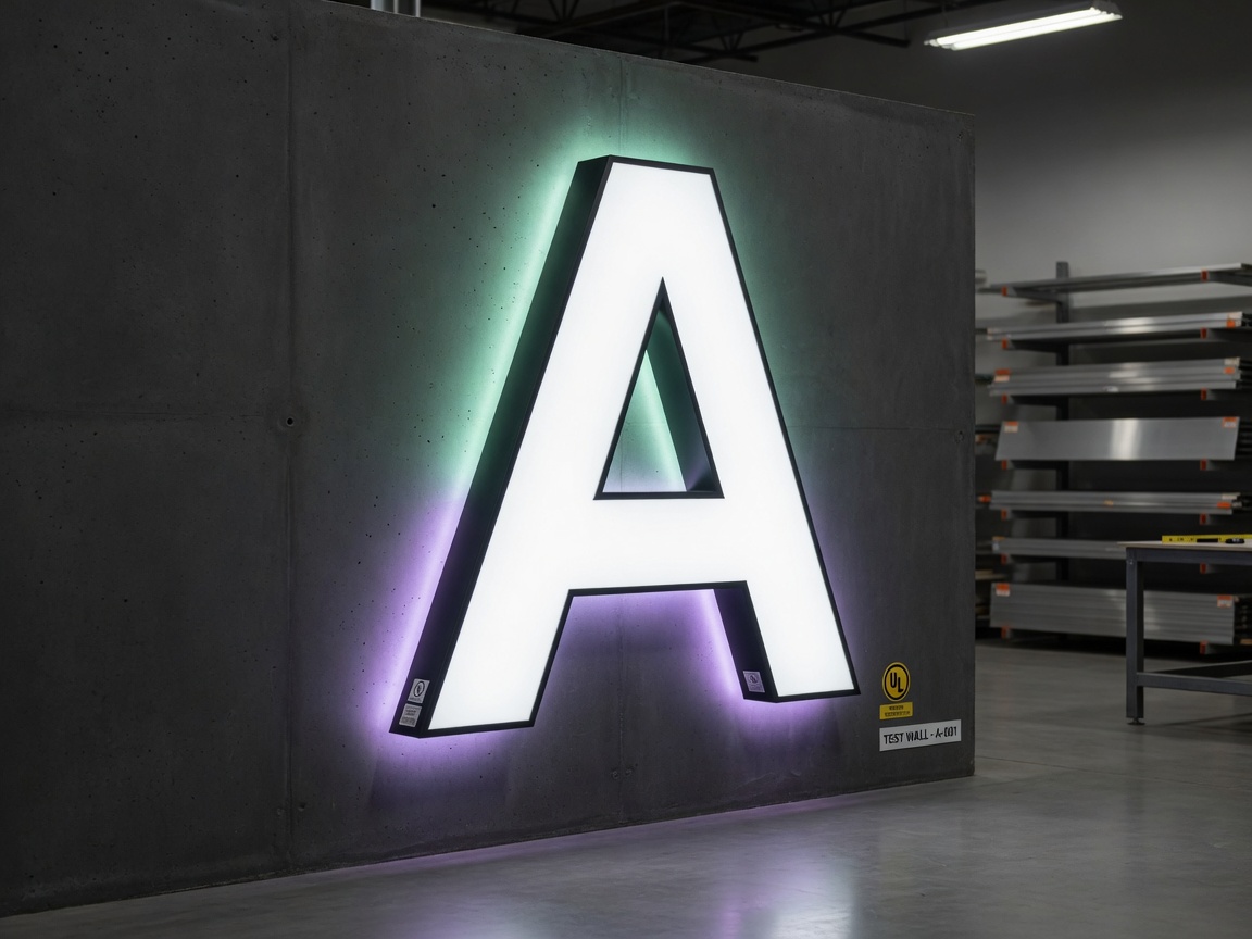 Single front-lit and halo channel letter on fab test wall